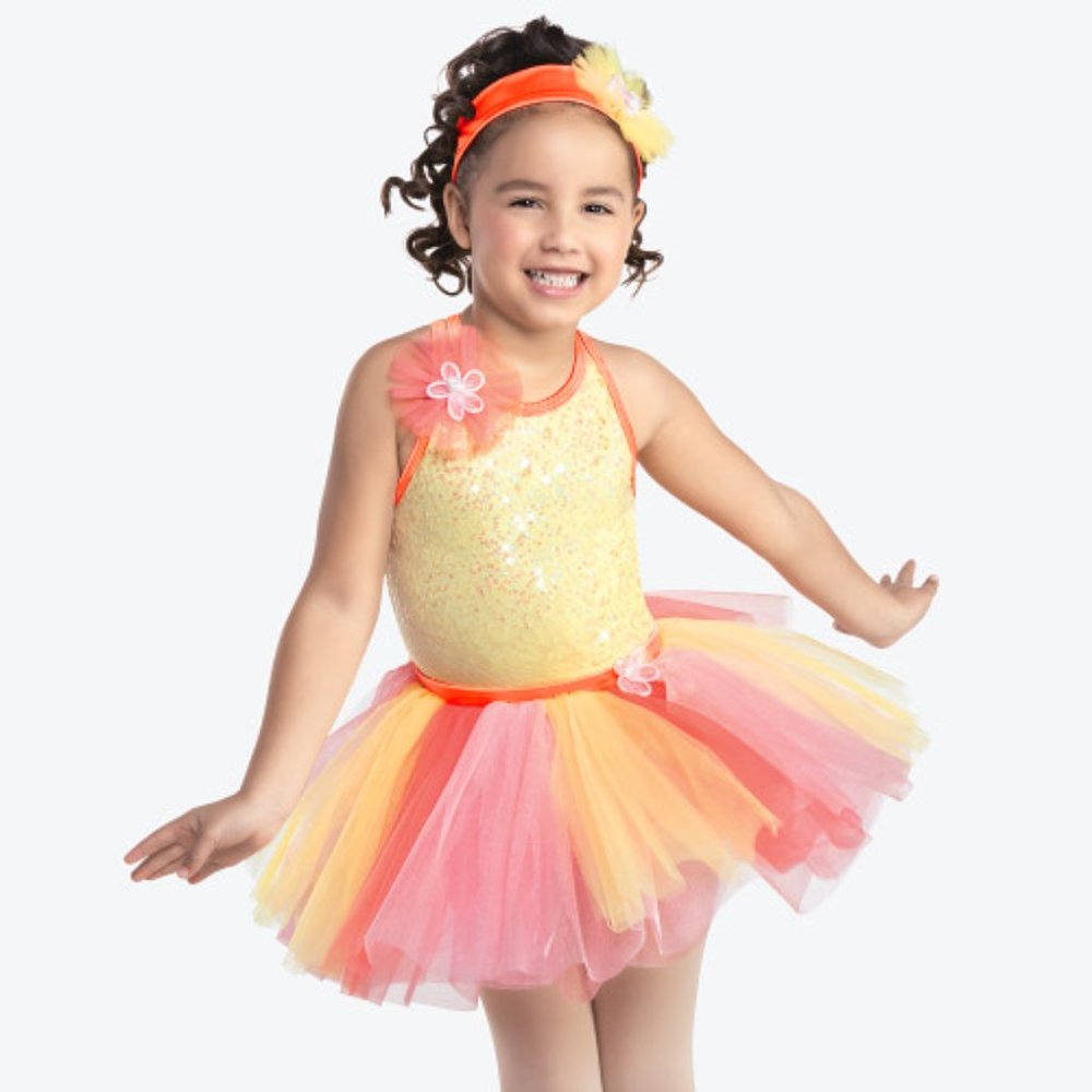 EUC Revolution Dancewear MC PInk and Yellow  Costume "HERE COMES THE SUN"